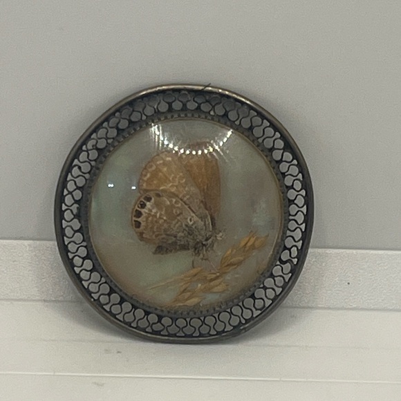 Victorian morpho butterfly wing silver tone filigree round brooch pin vintage - Picture 6 of 16